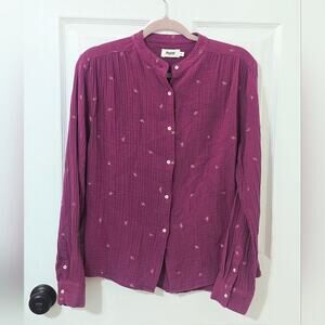 Brava Fabrics Dusk Cotton Blouse XS Purple Boho Embroidered Button Up Ethical